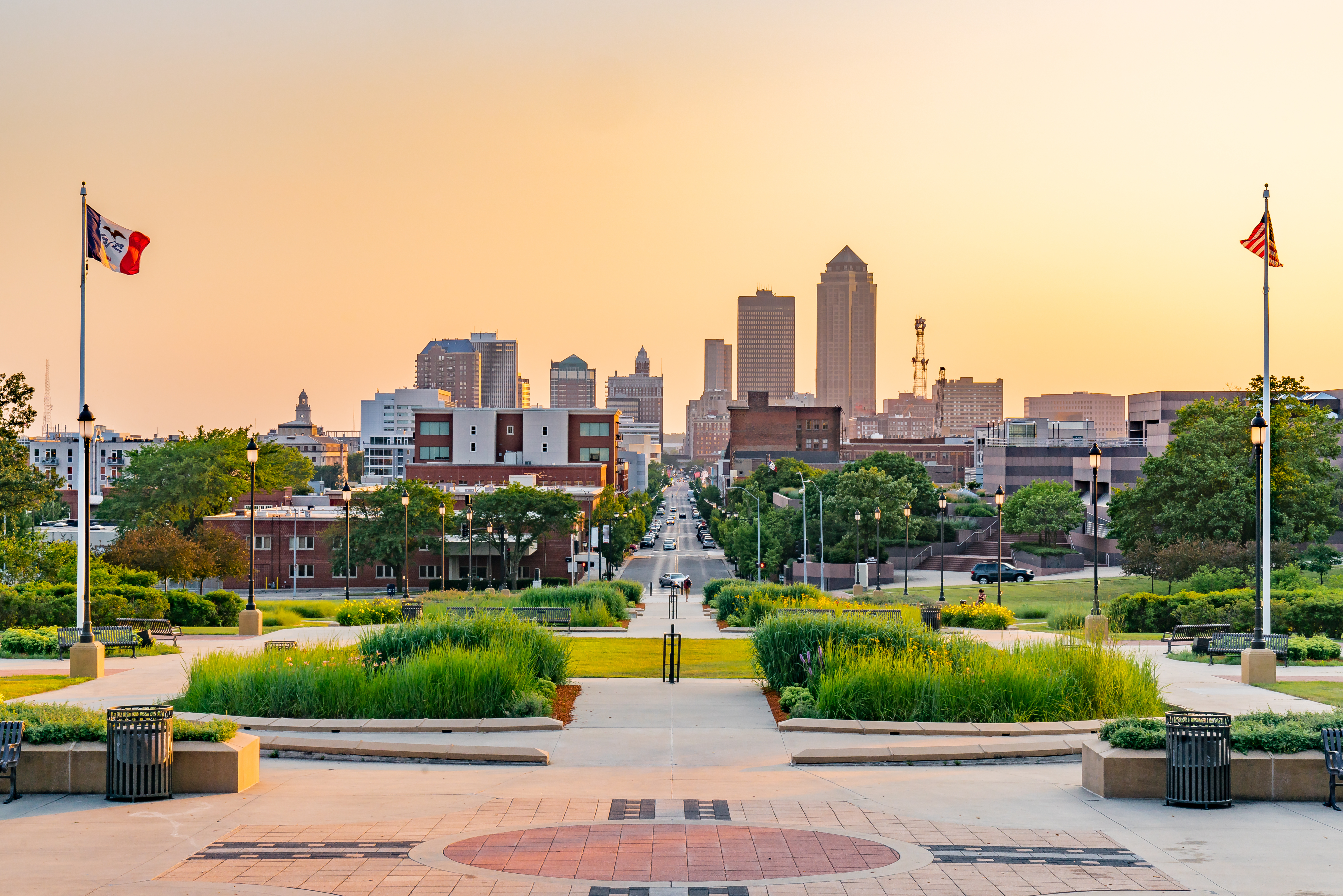 View of the city skyline of Des Moines from the Capitol steps.
